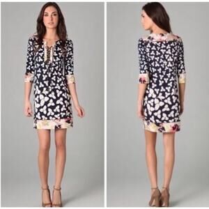 Diane Von Furstenberg Womens 6 Black Floral Silk Tie Front Mini Dress Designer